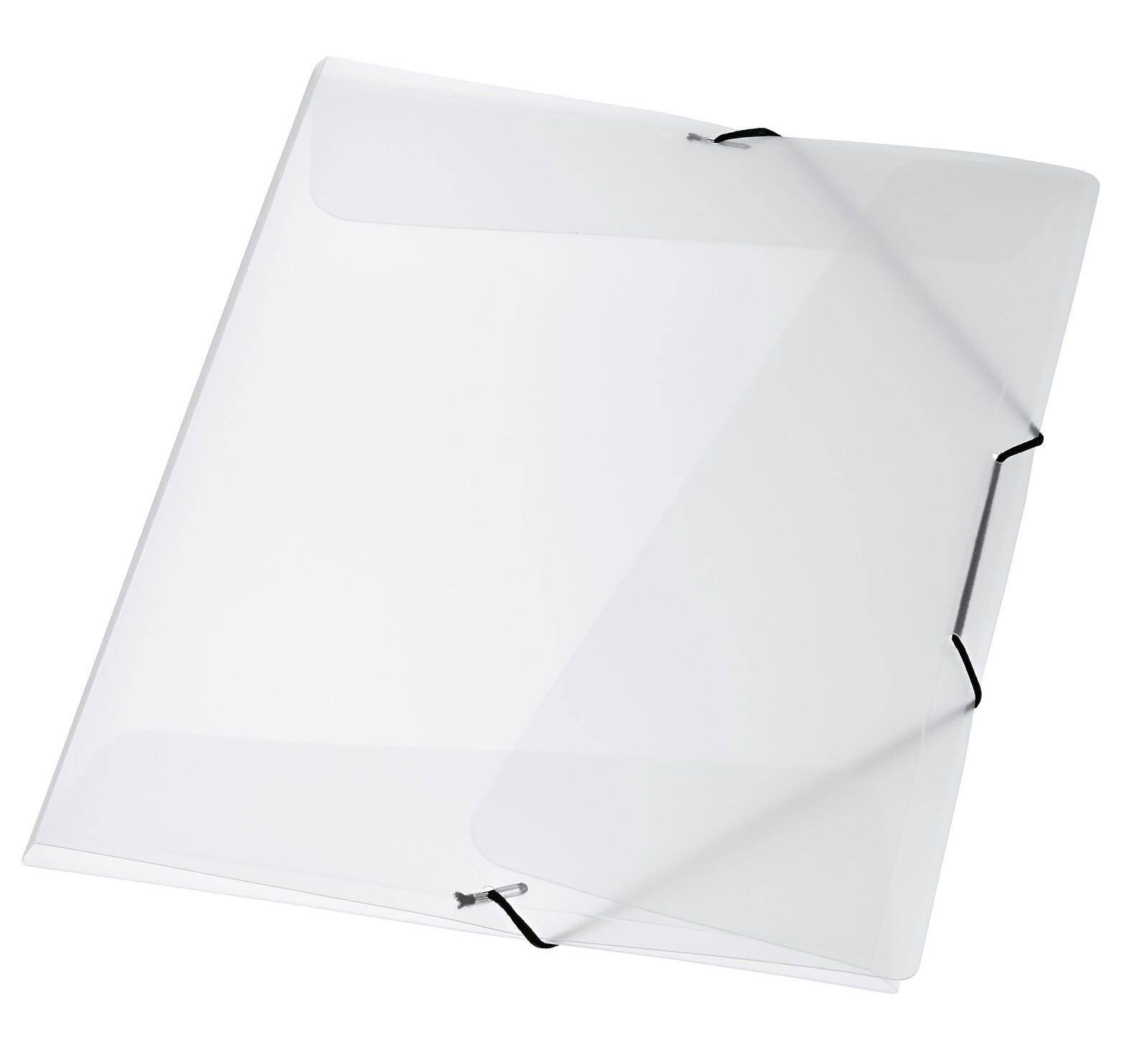 Ein transparenter Kunststoffordner mit schwarzen Gummibändern an den Ecken, verwendet zum Halten und Organisieren von Dokumenten.