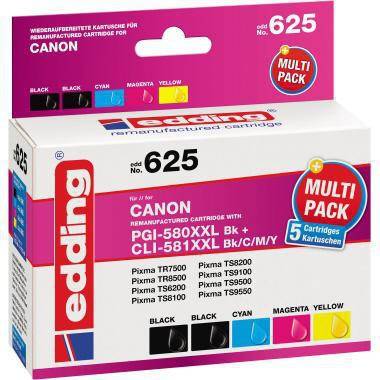 Edding 625 Multipack mit fünf wiederaufbereiteten Canon-Druckerpatronen in Schwarz, Cyan, Magenta und Gelb.