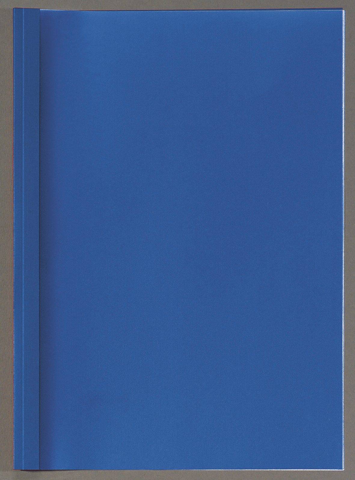 Ein blauer geschlossener Notizbuch mit einfachem Einband liegt flach.