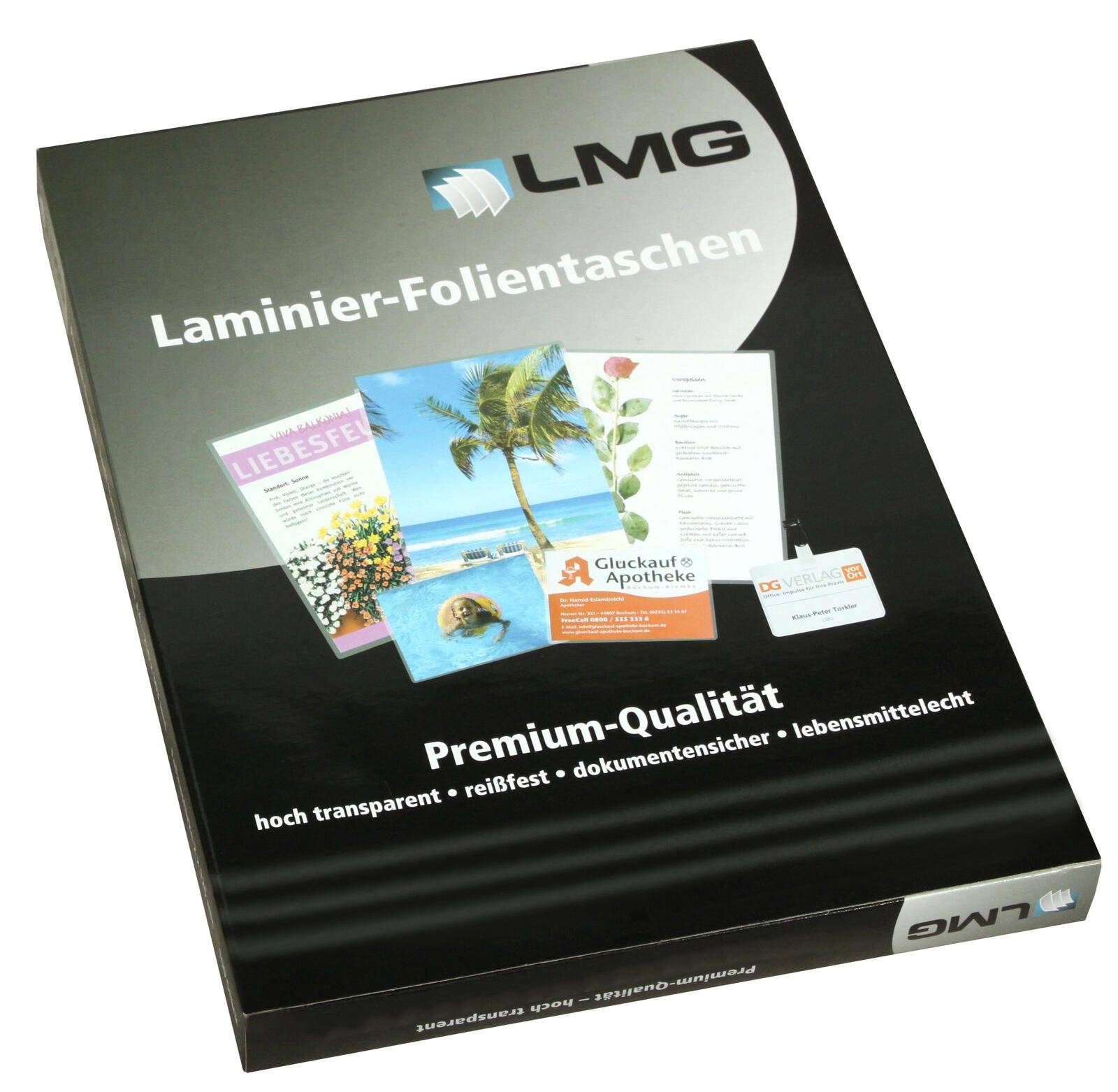 LMG Laminier-Folientaschen' Verpackung mit laminierten Beispielen wie Broschüren und Karten, die 'Premium-Qualität' hervorheben.