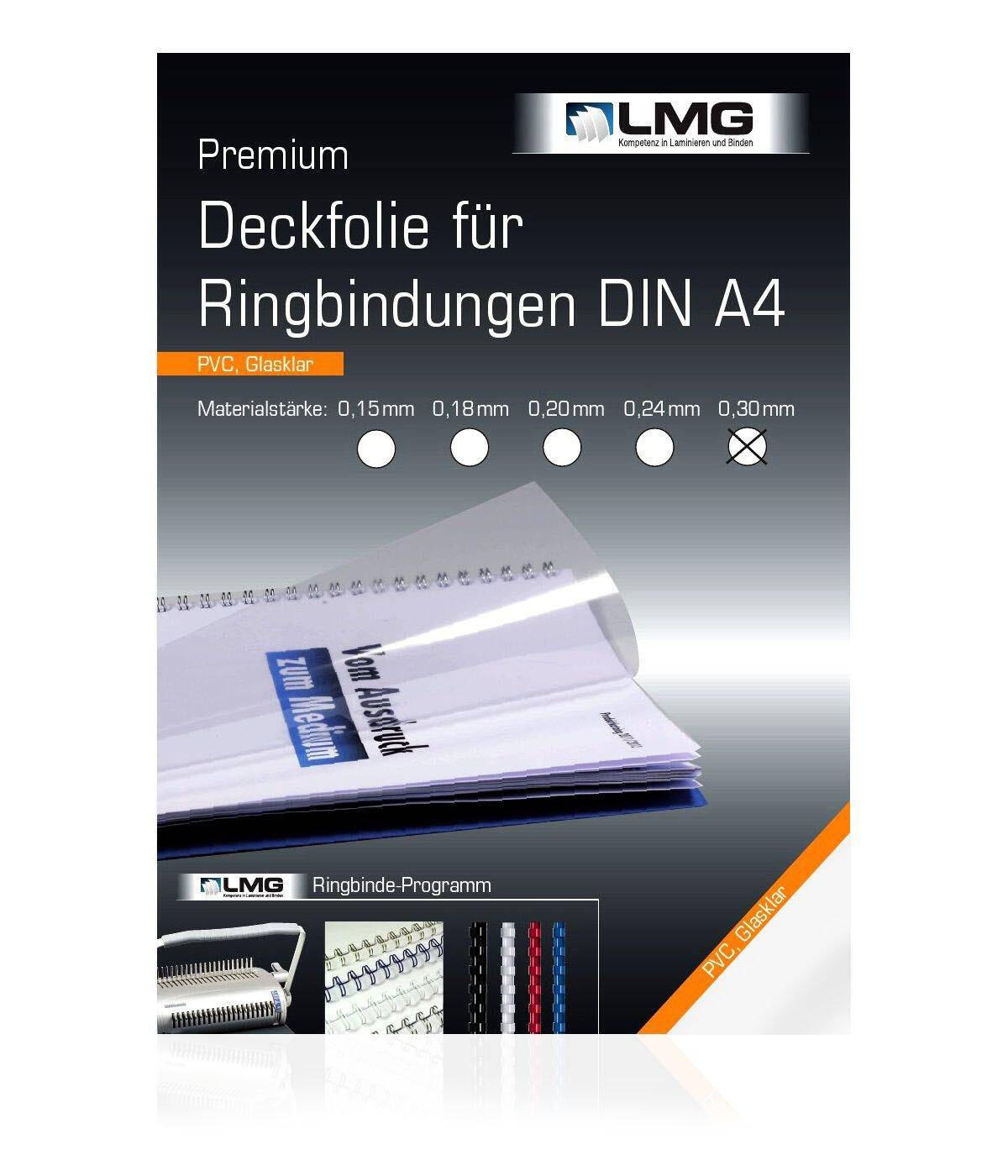LMG Premium-PVC-Klarsichtfolien für DIN A4-Ringordner, erhältlich in verschiedenen Materialstärkenvarianten von 0,15 bis 0,30 mm und mit einem Musterstapel von transparenten Deckblättern dargestellt.