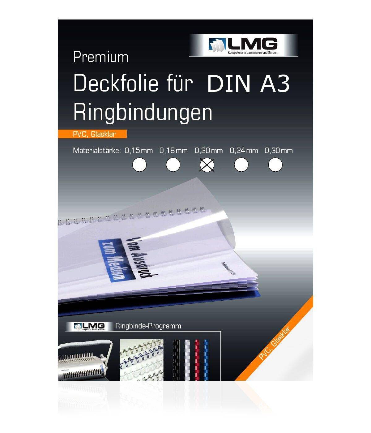 Produktanzeige für LMG Premium-Klarsichtdeckblätter für DIN A3 Ringbindung, PVC glänzend, mit Darstellung der Dickeneoptionen 0,15–0,30 mm und einem Stapel gebundener Dokumente.