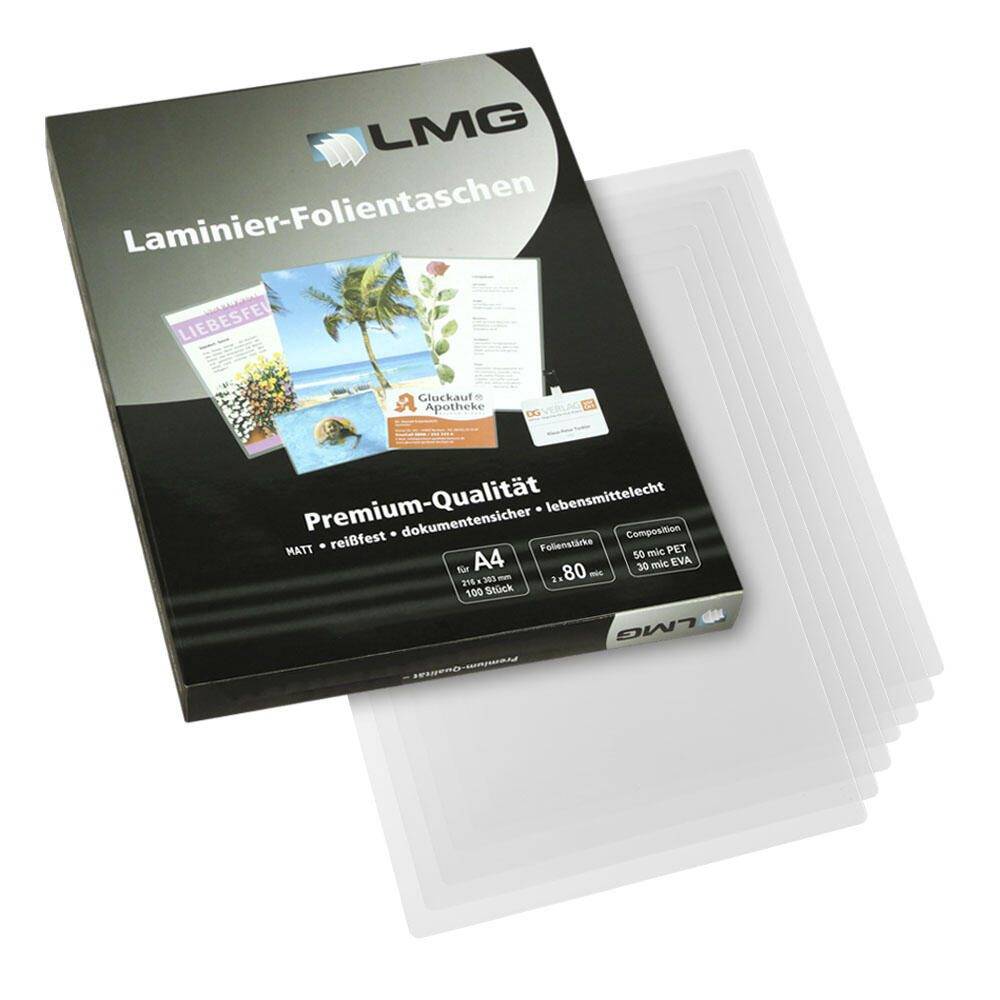 Karton mit LMG-Laminierfolien mit der Aufschrift „Laminier-Folientaschen
