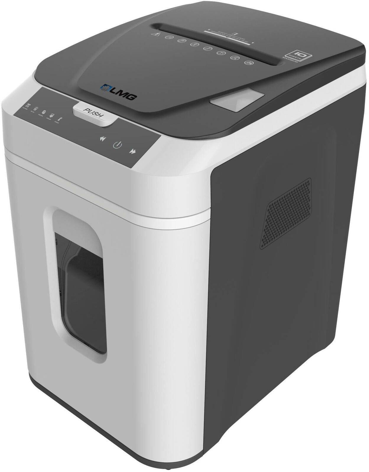 Ein schwarzer und weißer Büroschredder mit Bedienungselementen oben, mit einem Sichtfenster an der Vorderseite und seitlicher Belüftung.