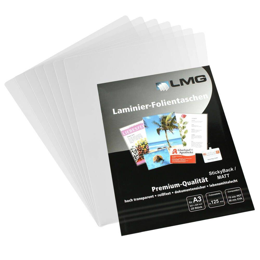 Stapel von transparenten Laminierfolientaschen mit einer schwarzen LMG-Verpackung mit der Aufschrift 