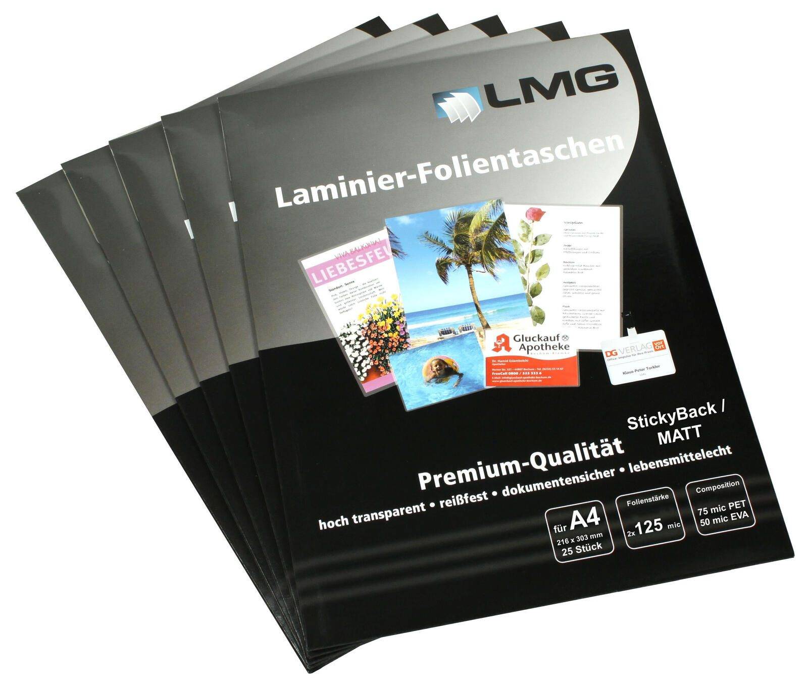 Stapel schwarzer LMG-Laminierfolientaschen-Verpackungen, gekennzeichnet mit „Laminier-Folientaschen