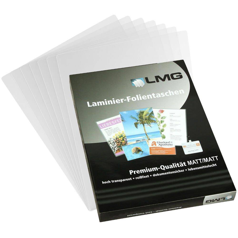 Stapel transparenter LMG-Laminierfolien in einer Einzelhandelsverpackung mit den Bezeichnungen 