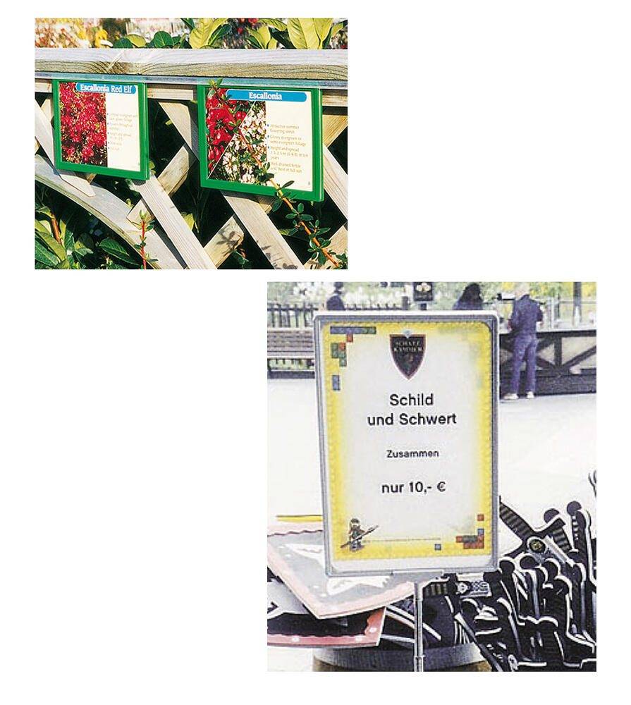 Das Bild zeigt zwei Gartentafeln mit Pflanzennamen und Details auf Deutsch sowie ein Schild an einem Marktstand, das „Schild und Schwert