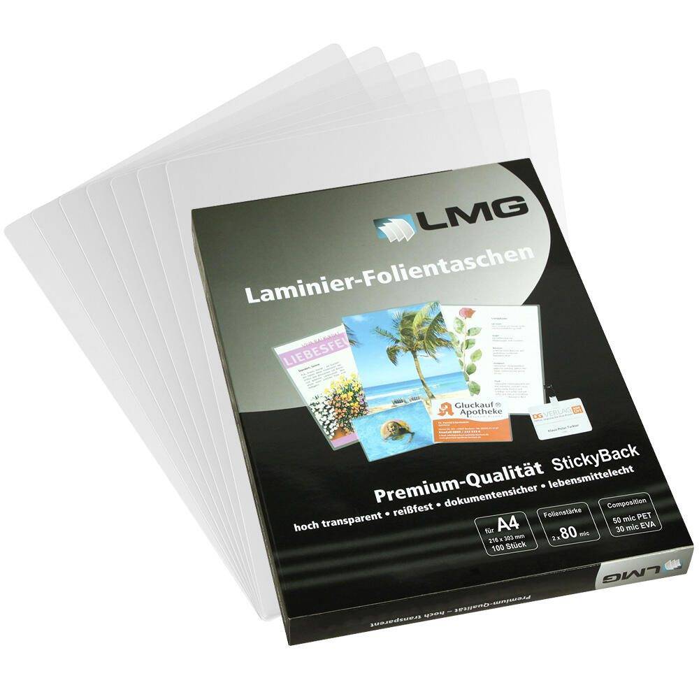 LMG Laminier-Folientaschen' Packung von Laminierfolien, A4-Format, 80 Mikron, zeigt transparente Schutzumschläge für Dokumente.