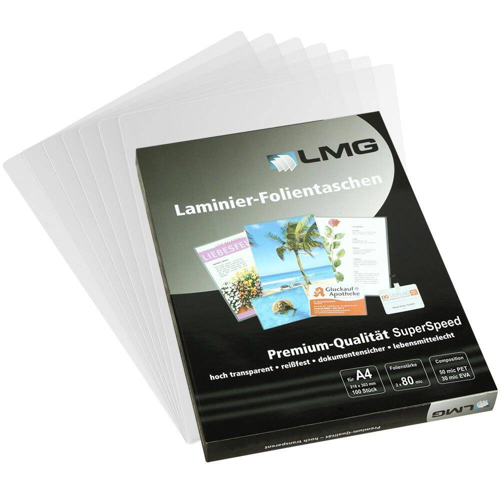 LMG Laminier-Folientaschen'-Paket mit A4, 80-Mikron-Laminierfolien, fächerförmig angeordnet, wobei ihre Transparenz und Qualität hervorgehoben werden.