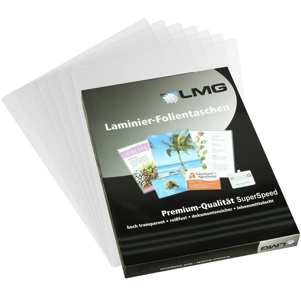 LMG Laminier-Folientaschen' Verpackung, die laminierte Dokumente und Produkte zeigt. Beschreibt Merkmale wie hohe Transparenz und extrem schnelle Verarbeitung.