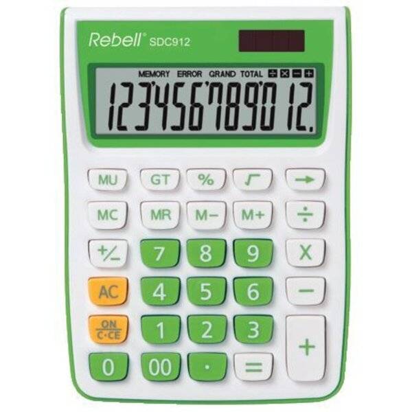 Tischrechner - Solar-/Batteriebetrieb 12-stellig LCD-Display weiß/grün.