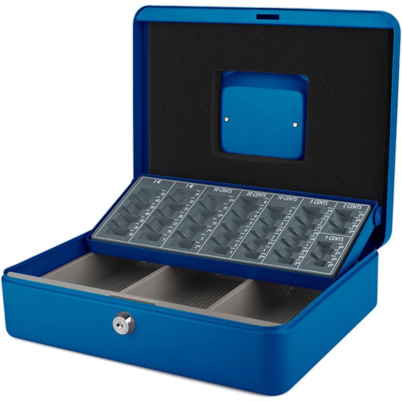 Offene blaue Geldkassette mit Münzfach und Geldscheinfächern, Deckel offen zum Anzeigen des Schlosses und des internen Organizers.