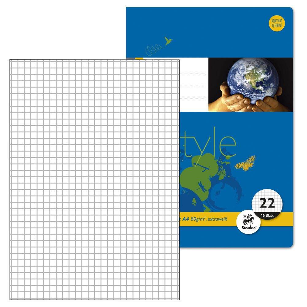 Ein Stapel Millimeterpapier und ein blauer DIN-A4-Notizbucheinband mit einer Hand, die die Erde hält, beschriftet mit „style
