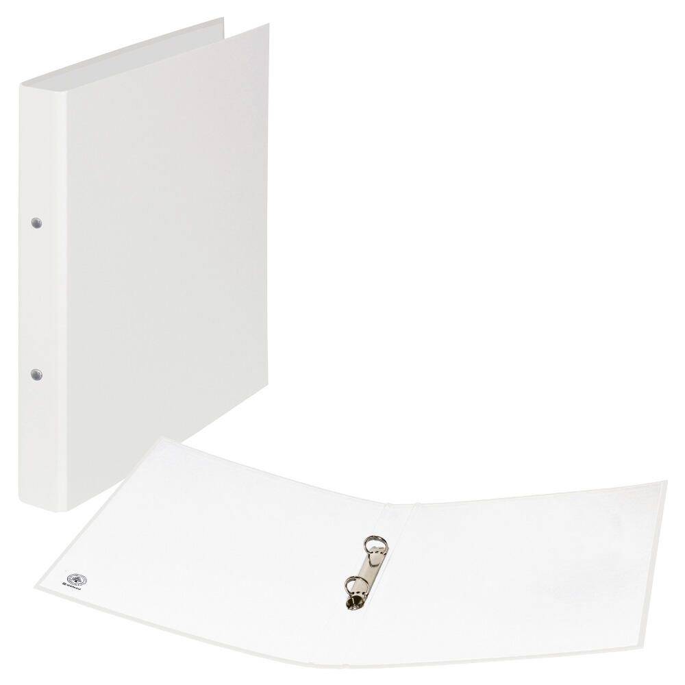 Ein weißer Ordner mit drei Ringen, einer geschlossen stehend und einer geöffnet, um die Ringe im Inneren zu zeigen, auf einfachem weißem Hintergrund.