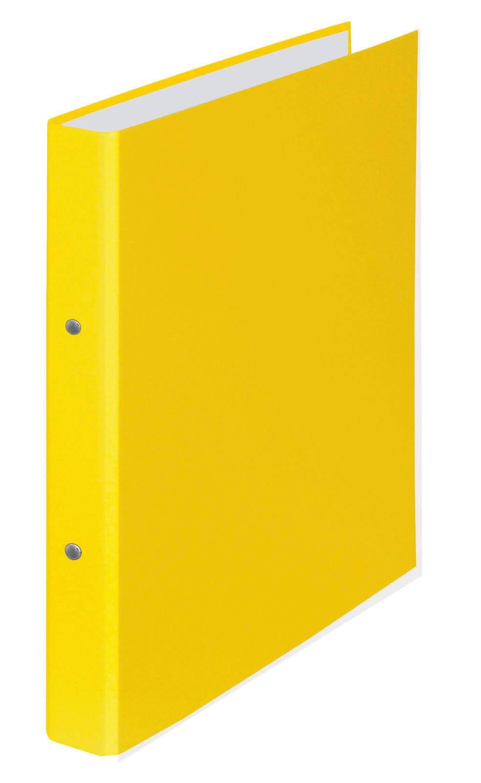 Ein helles gelbes Ordnersystem mit Metallringbindern zum Organisieren von Dokumenten.