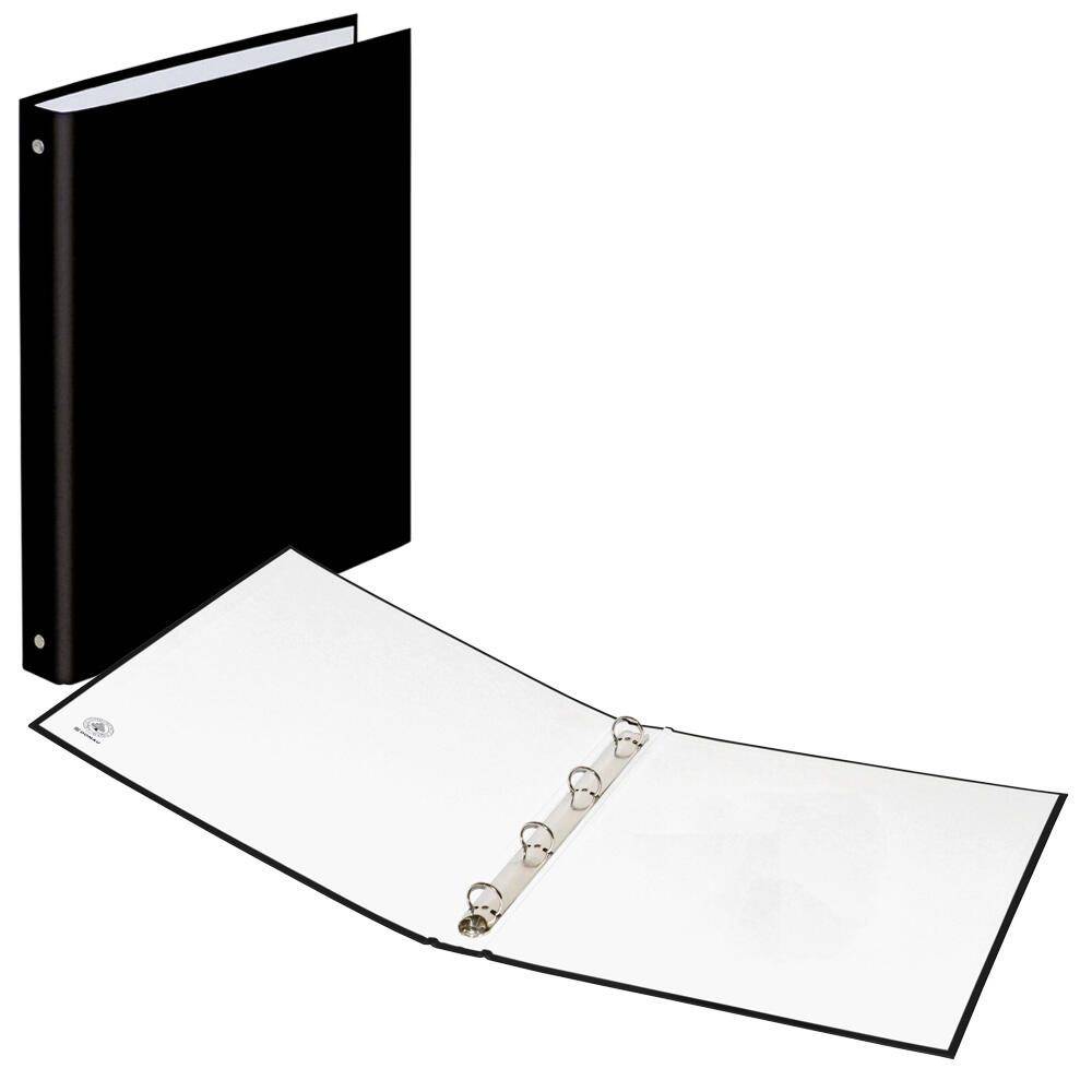 Zwei schwarze Ordner mit drei Ringen, einer geschlossen und einer offen mit leeren weißen Seiten, vor einem weißen Hintergrund positioniert.