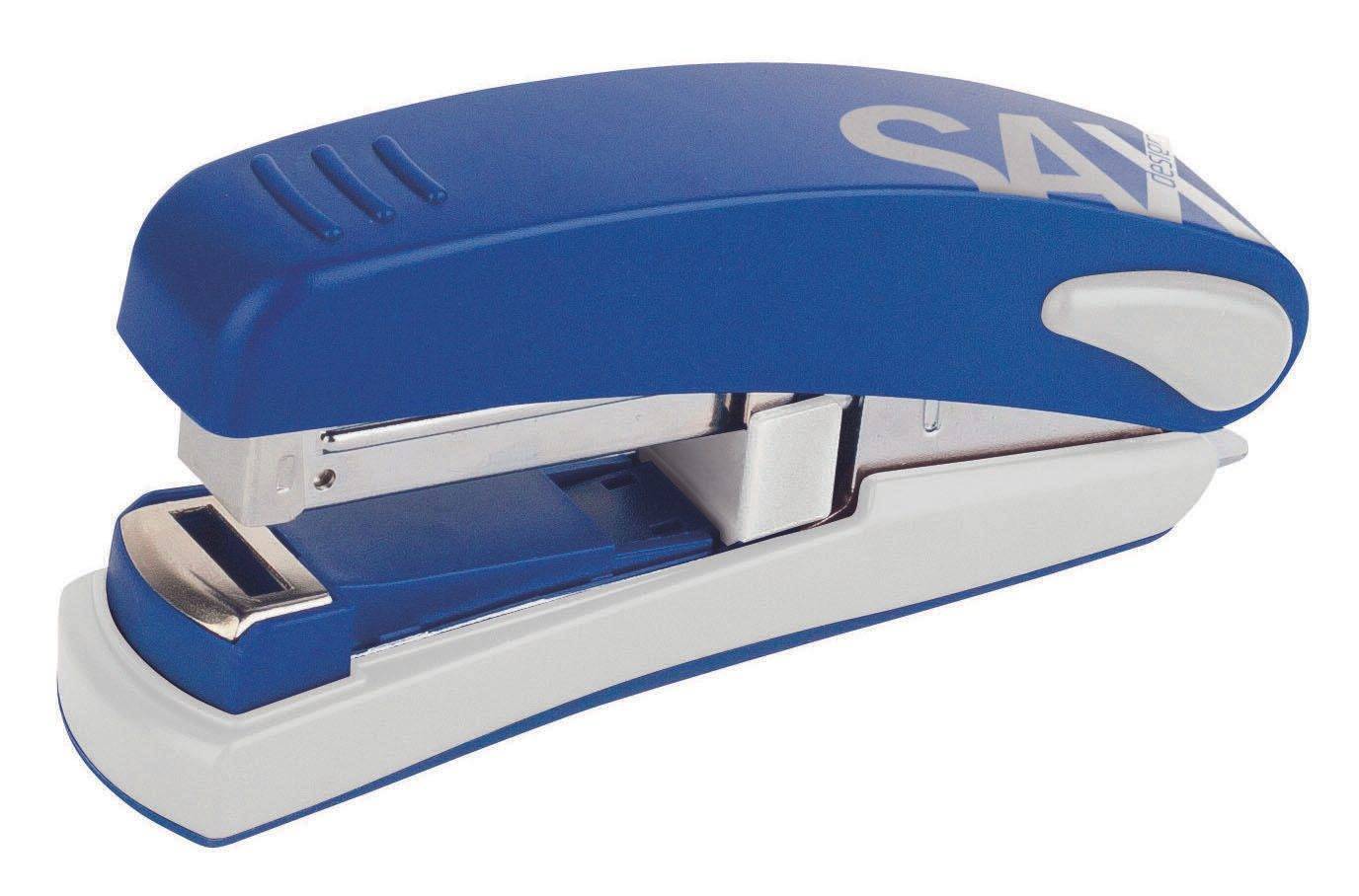 Ein blauer Hefter mit weißer Grundplatte, teilweise offen, wobei der Bereich zum Einführen der Klammern sichtbar ist.