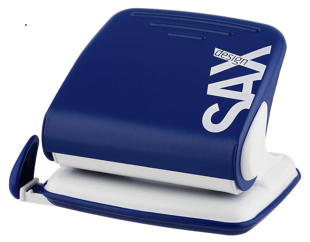 Blauer und weißer Locher auf weißem Hintergrund mit dem Text „SAX design