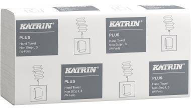 Ein Karton Katrin Plus Handtücher mit mehreren Produktetiketten und einfachen Strichzeichnungen, die auf der Verpackung gedruckt sind.