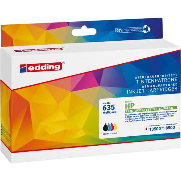 Edding 635 Multipack nachgefertigte Tintenstrahlpatronen Box, gekennzeichnet für HP 973X/Los07/F6T81/F6T82/F6T83, mit 8.500 Seiten Schwarzertrag und 13.500 Seiten Farbe Seitenertrag.