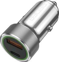 Silberner Autoladegerät mit einem USB-A- und einem USB-C-Anschluss, entwickelt zum Laden elektronischer Geräte im Fahrzeug.