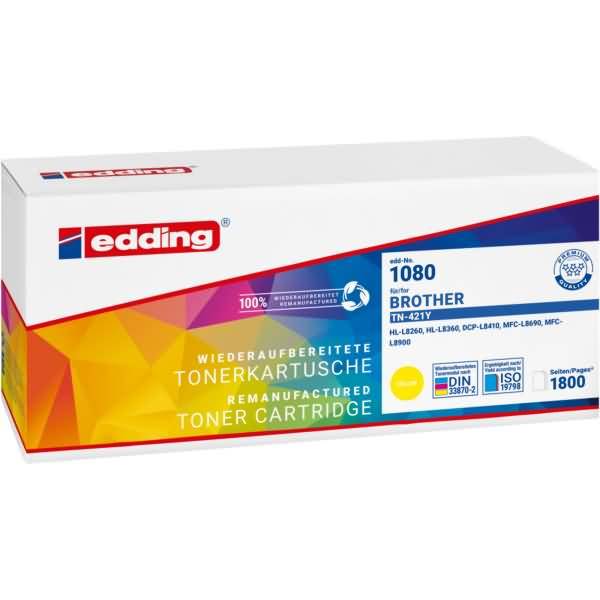 Verpackungsbox für eine aufgearbeitete edding Tonerkartusche, Modell 1080 Brother TN-421Y, mit Reichweite von 1800 Seiten und deutscher Beschriftung.