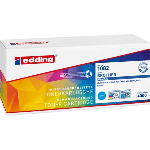 Edding nachaufbereitete Tonerkartusche, Modell 1082 Brother TN-423C, mit Produktetiketten und Kompatibilitätsangaben auf der Verpackung.