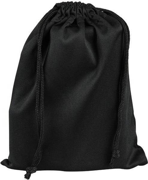 Ein schlichter schwarzer Beutel mit glatter Textur, oben mit einer Kordel verschlossen.