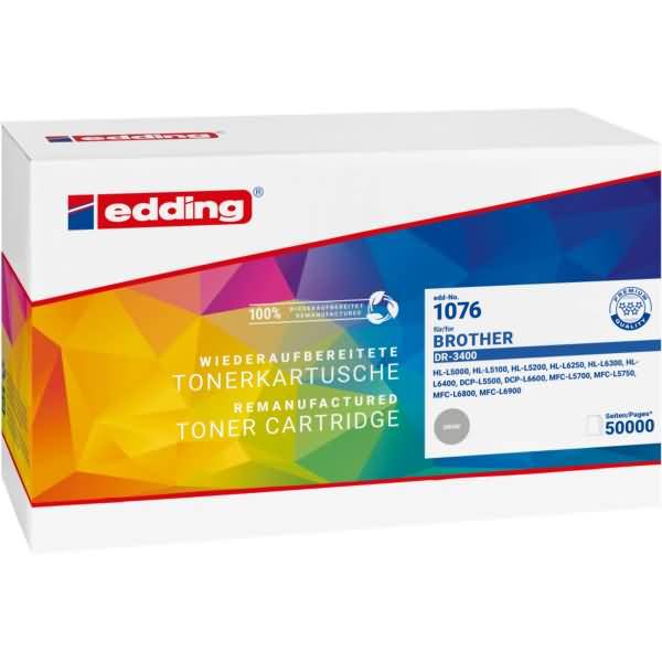 Edding nachgefertigte Tonerpatronenschachtel mit der Bezeichnung '1076 BROTHER DR-3400', mit mehrfarbigem geometrischem Design und Seitenleistung von '50.000'.