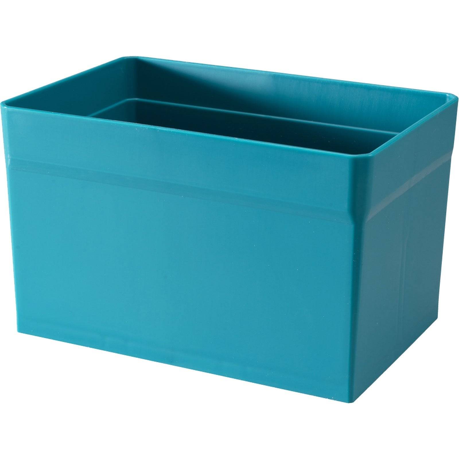 Eine türkisfarbene rechteckige Plastik-Aufbewahrungsbox mit glatten Seiten und offener Oberseite.