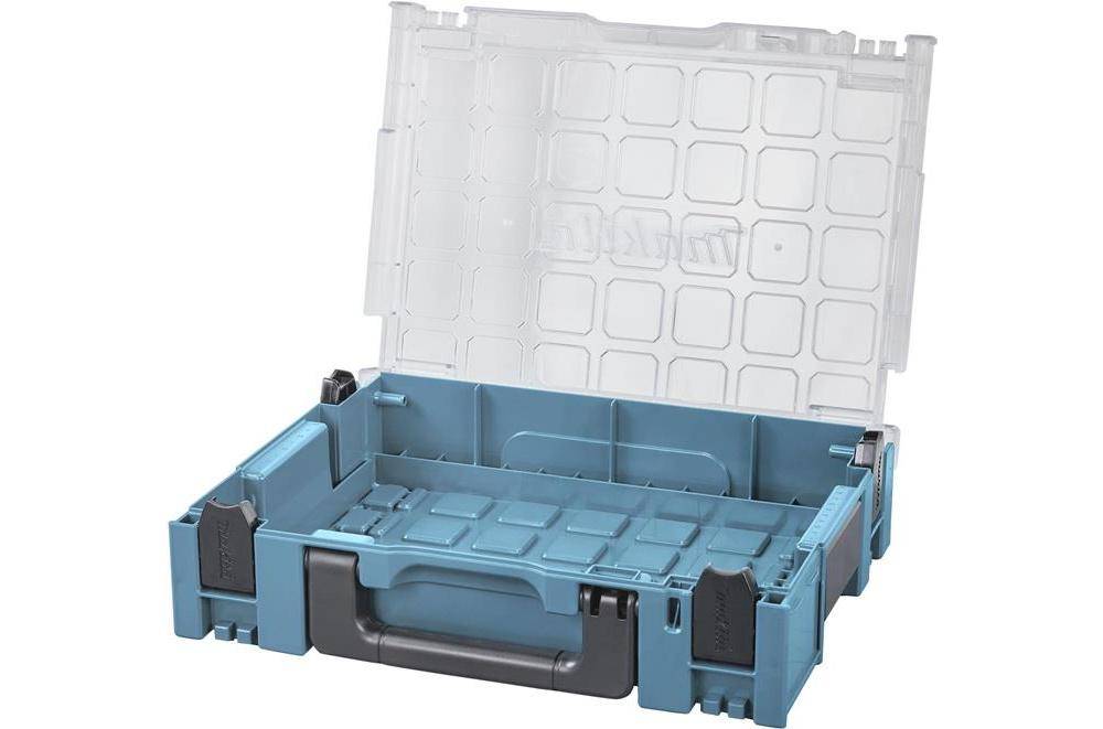 Offene blaue Kunststoff-Aufbewahrungsbox mit durchsichtigem Deckel und schwarzem Griff, leer vor weißem Hintergrund dargestellt.