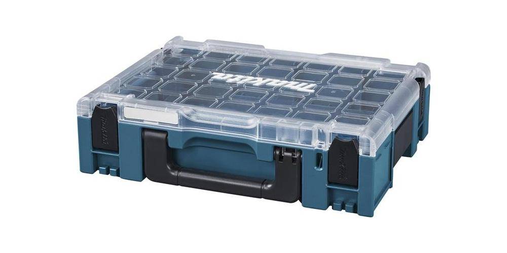Blaue Kunststoff-Aufbewahrungsbox mit durchsichtigem Verschlusdeckel und schwarzem Tragegriff, geschlossen auf weißem Hintergrund dargestellt.