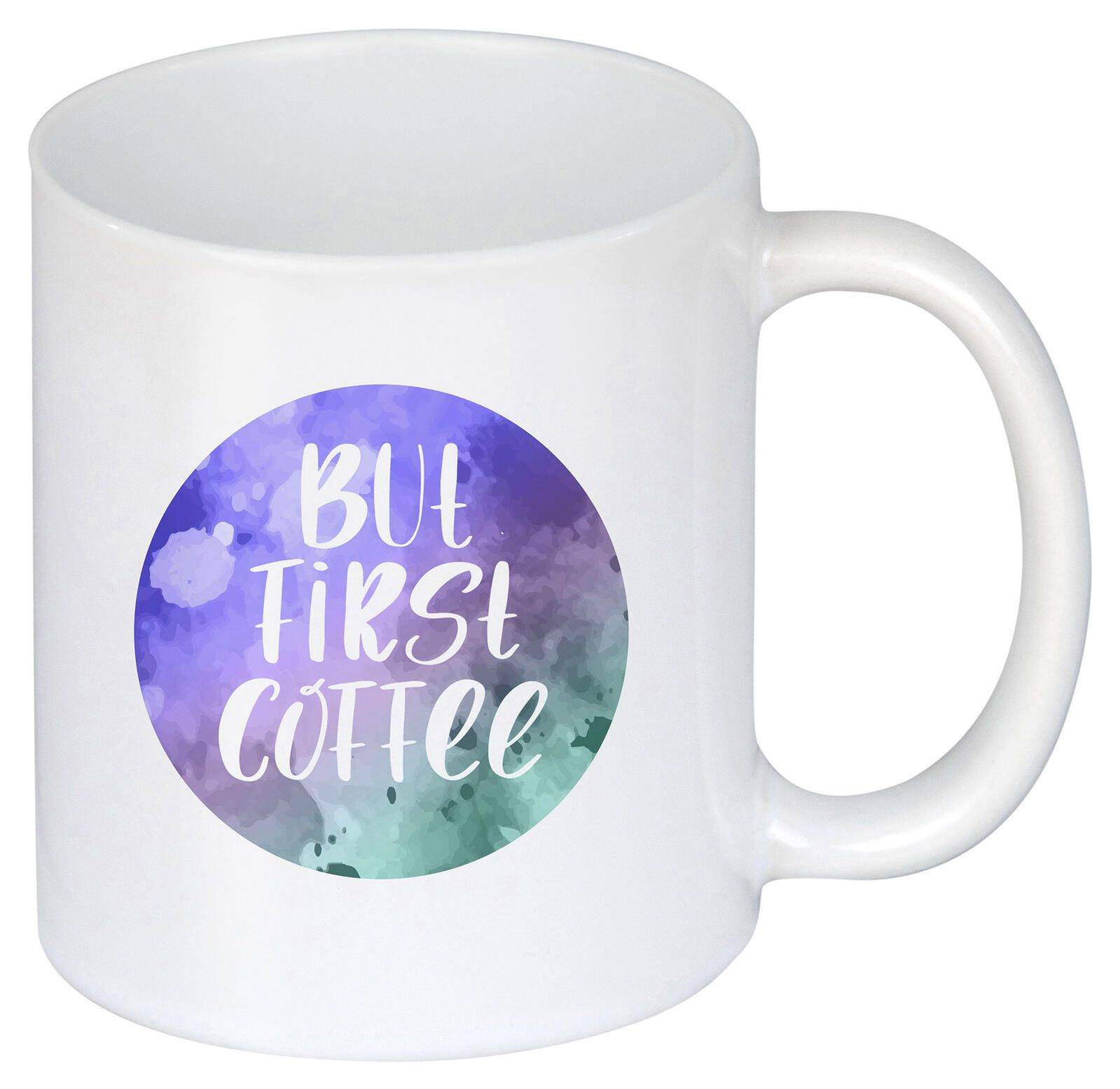 Weiße Keramiktasse mit buntem Kreisgrafik-Design, auf dem 