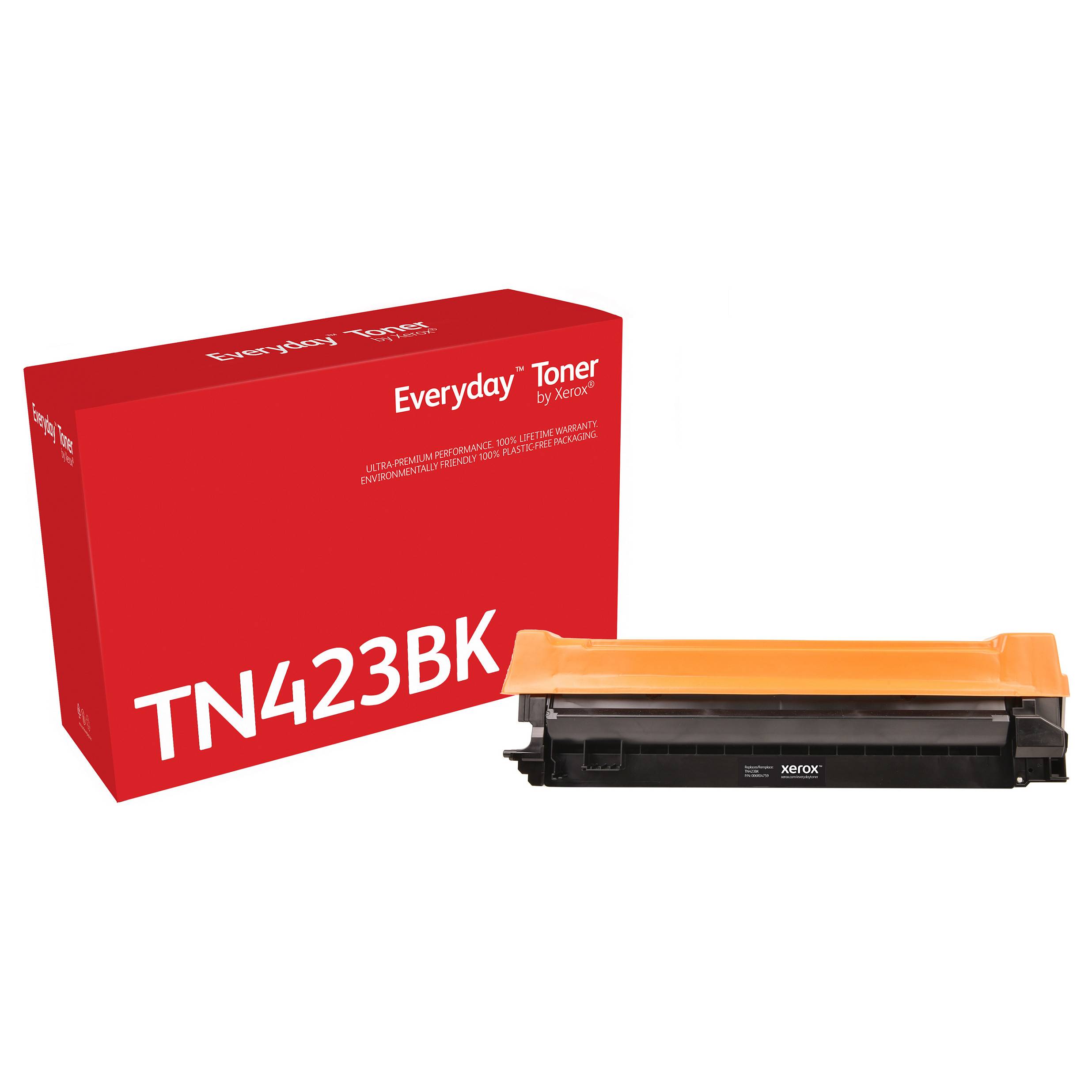 Rote Xerox Everyday Toner-Box mit der Bezeichnung TN423BK neben einer schwarzen Tonerkartusche mit orangefarbenem Deckel auf weißem Hintergrund.
