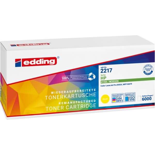 Edding wiederaufbereitete Tonerpatrone, Modell 2217 für HP, in weißer Verpackung mit mehrfarbigem Design und angezeigter Seitenleistung von 6000 Seiten.
