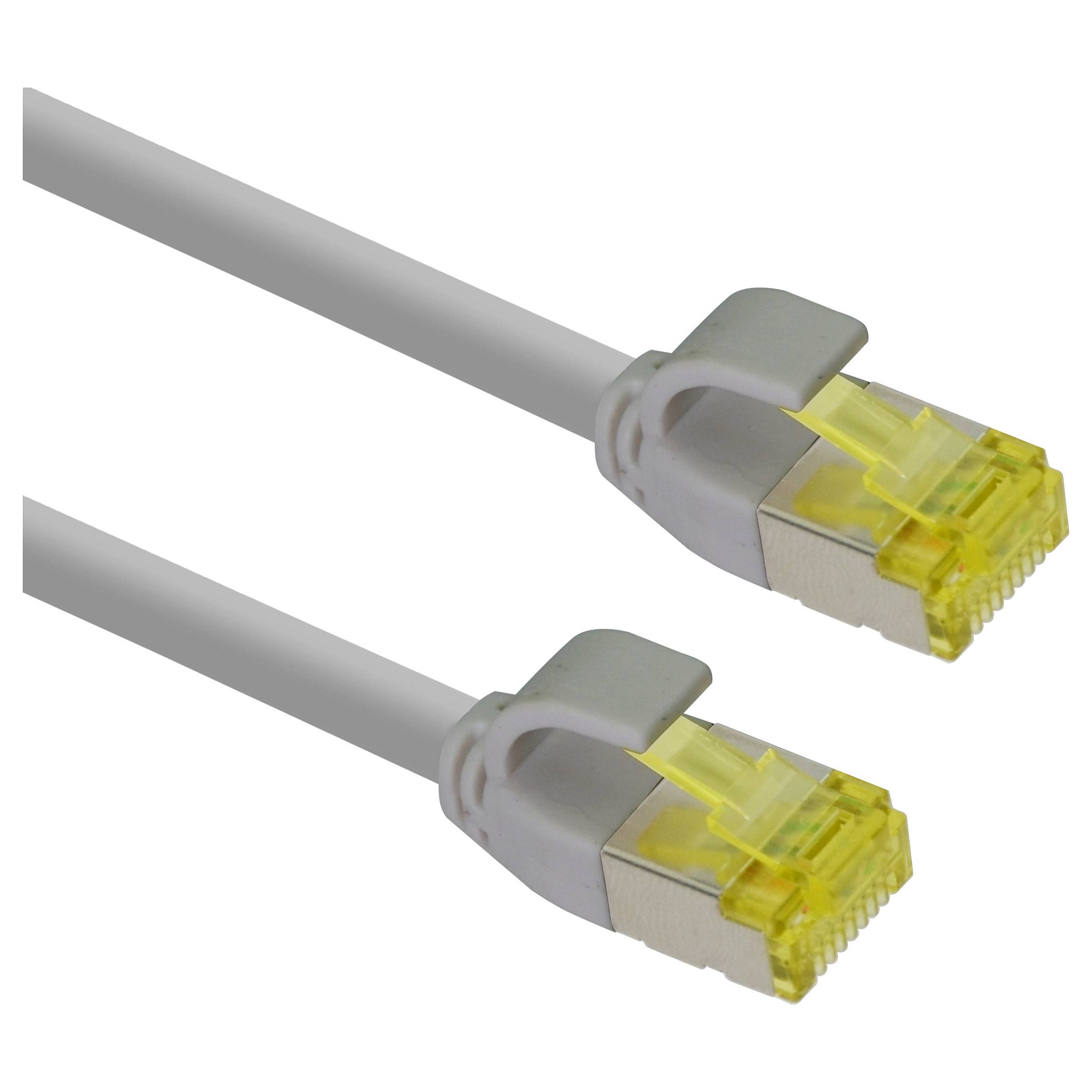 Zwei graue Ethernet-Kabel mit gelben RJ45-Steckern auf weißem Hintergrund.