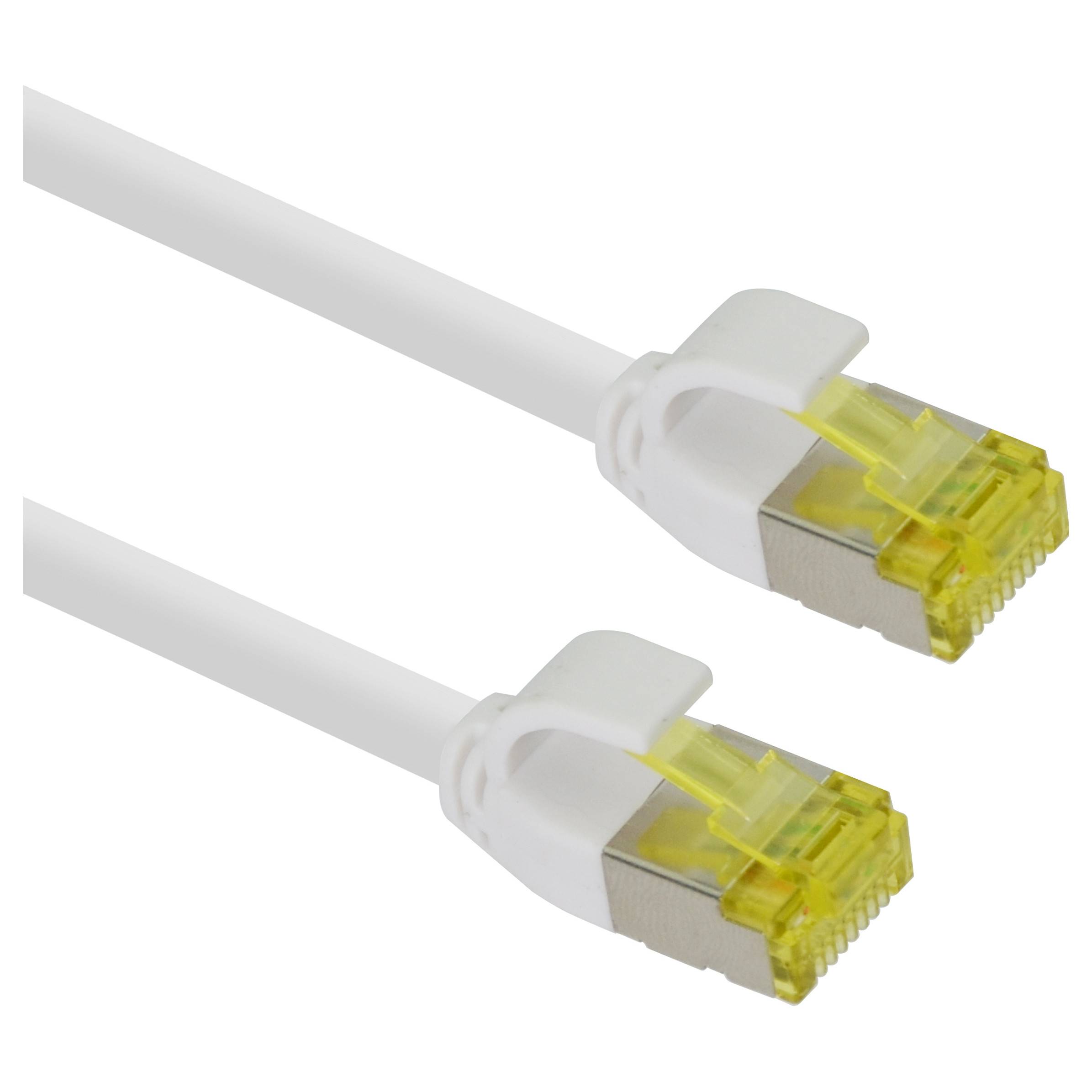 Zwei weiße Ethernet-Kabel mit gelben RJ45-Steckern auf weißem Hintergrund.