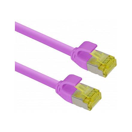 Zwei violette Ethernet-Patchkabel mit gelben RJ45-Steckern auf weißem Hintergrund.