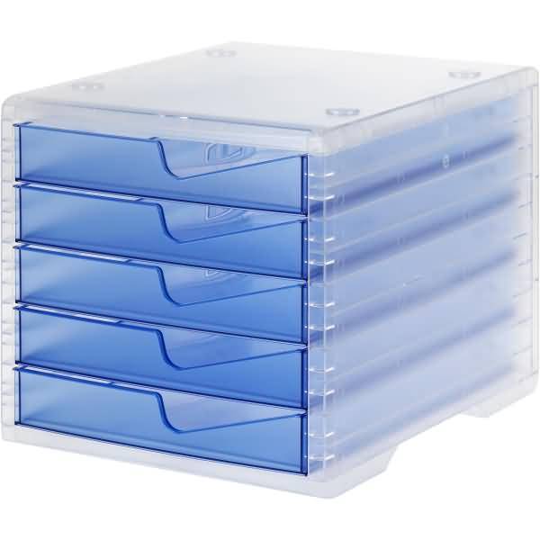 Transparente Kunststoff-Schreibtischorganizer mit fünf durchsichtigen blauen ausziehbaren Schubladen und einem Deckel, auf weißem Hintergrund abgebildet.