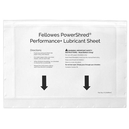 Packung Fellowes PowerShred Performance+ Schmiermittelblätter mit gedruckten Anweisungen und Sicherheitswarnung zur Verwendung mit Papierschreddamn.