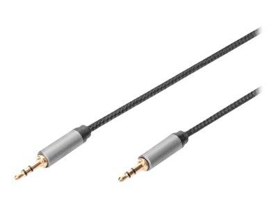 Zwei schwarze geflochtene Audiokabel mit 3,5-mm-Stecker im Kopfhörerstil auf weißem Hintergrund.