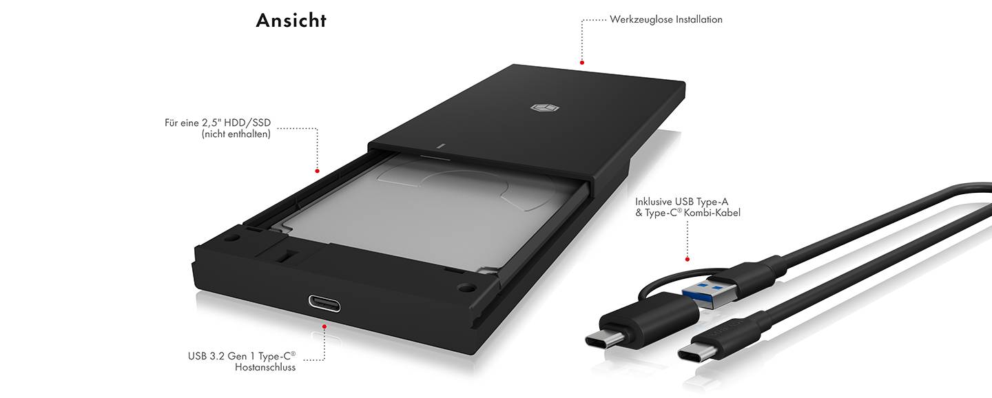 -200T-C3, ext. 2.5" SATA Gehäuse, USB 3.2 Gen 1 bis zu 5 Gbit/s, Werkzeuglos, Kunststoff, schwar