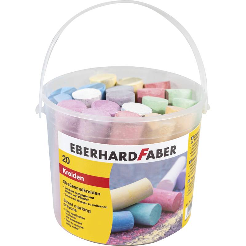 Ein Kunststoffeimer mit sortierten farbigen Kreidestiften, einem Griff und einem Eberhard-Faber-Etikett.