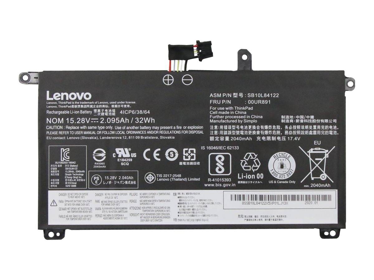 Wiederaufladbare Lenovo-Li-Ionen-Batterie, 15,28V, 2,095Ah, 32Wh, Modell L15L3PB0. Für ThinkPad-Laptops. Enthält regulatorische Symbole und Warnhinweise.