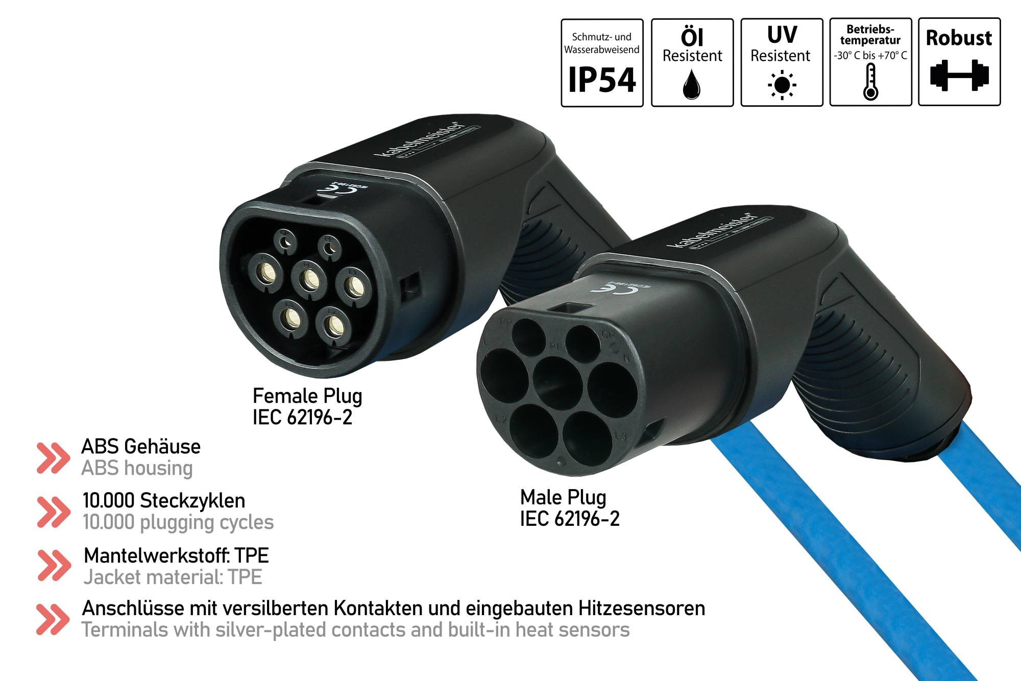 E-Auto-Ladekabel Mode 3, Typ 2 Stecker an Buchse, 3-phasig, 16 A, 11 kW, blau, 7,5m