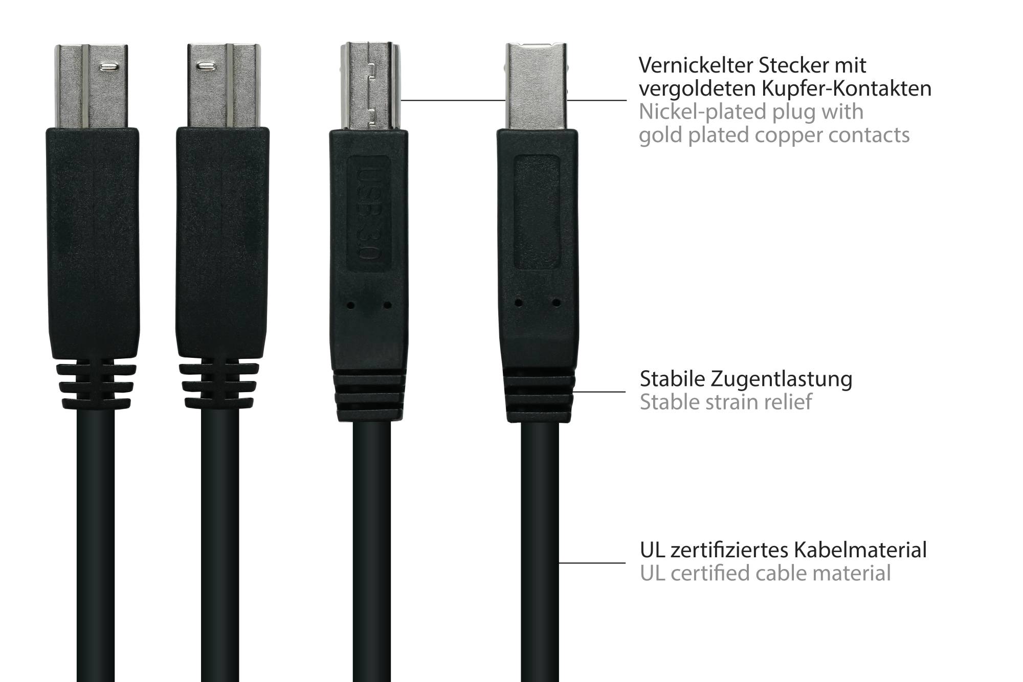 kabelmeister® Anschlusskabel USB 3.0 Stecker A an Stecker B, Premium, UL, KUPFER, schwarz, 0,5m