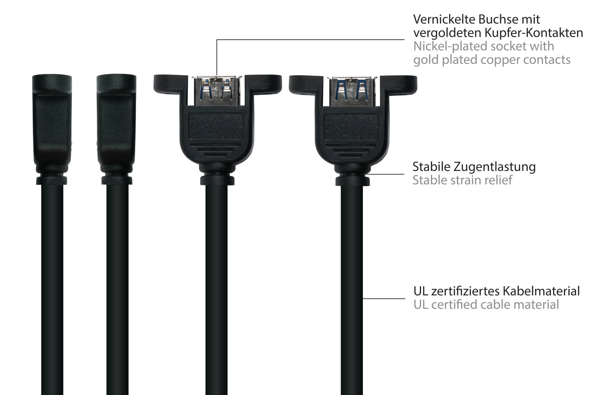 kabelmeister® Einbau-Verlängerungskabel USB 3.0 Stecker A an Einbaubuchse A, Premium, UL, KUPFER, schwarz, 0,3m