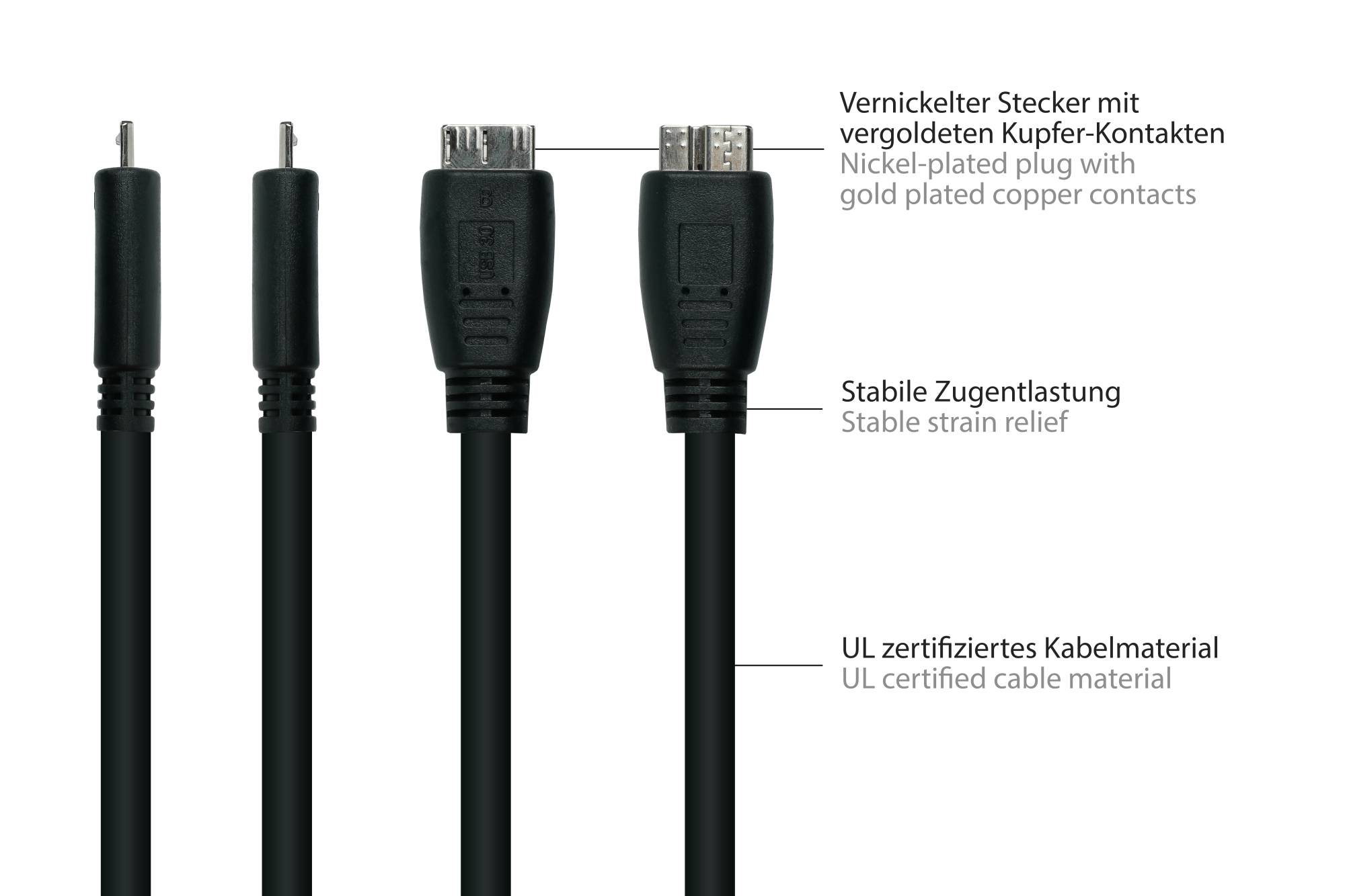 kabelmeister® Anschlusskabel USB 3.0 Stecker A an Stecker Micro B, Premium, UL, KUPFER, schwarz, 0,5m