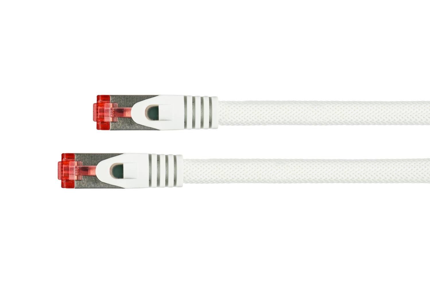 kabelmeister® RNS® Patchkabel mit Rastnasenschutz und Nylongeflecht, Cat. 6, S/FTP, PiMF, PVC, 250MHz, OFC, weiß, 1,5m